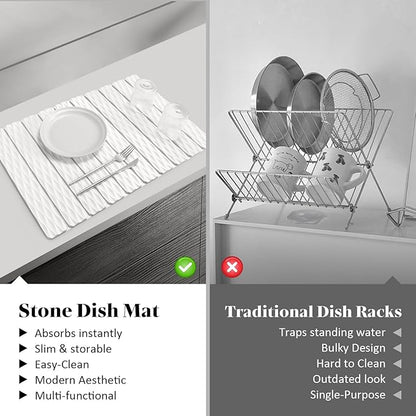 Large Stone Dish Drying Mats for Kitchen Counter, 24"(L)×16"(W) Wave - Pattern, Fast Drying Collapsible Dish Drying Mat, Eco-Friendly Absorbent Diatomaceous Earth Mats for Match Any Countertop