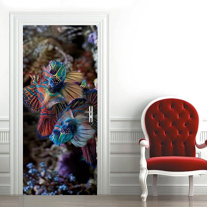 A.Monamour 3D Door Stickers for Interior Doors Mandarinfish Fish Nautical Vinyl Waterproof Self Adhesive Door Mural Decals for Bedroom Office Bathroom 90x200cm