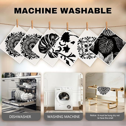 6 Pack Swedish Dishcloths for Kitchen, Geometric Dish Towels Reusable Paper Towels Washable Absorbent Cellulose Sponge Cloths No Odor for Cleaning Home Kitchen