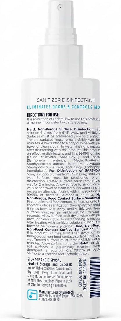 BRIOTECH Sanitizer Disinfectant Hypochlorous Spray, Kill 99.99% of Viruses & Bacteria, Control Mold, Eliminate Odor, Gentle for Nursery & Play Rooms, Food Contact Surface Sanitizer, 8.5 fl oz