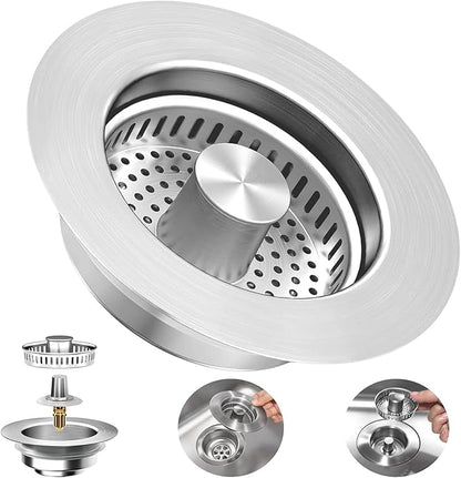 3-in-1 Kitchen Sink Drain Strainer : Pop Up Sink Stopper, 304 Stainless Steel Sink Drain Strainer, Kitchen Sink Stopper with Anti-Clogging Design, Kitchen Sink Strainer Fits US Standard 3-1/2'' Drains