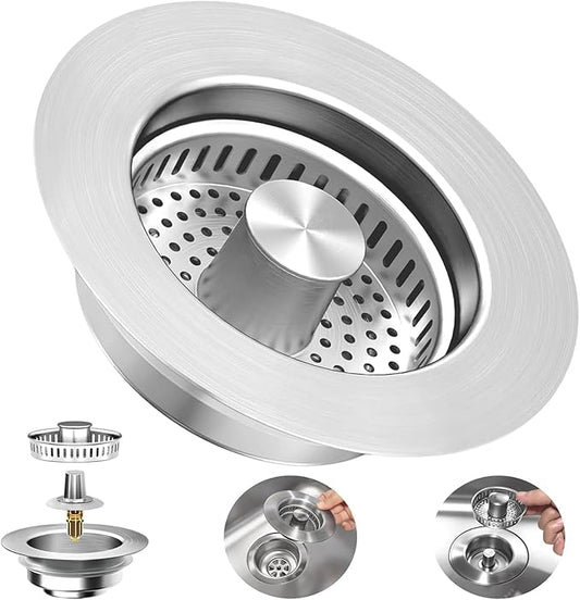 3-in-1 Kitchen Sink Drain Strainer : Pop Up Sink Stopper, 304 Stainless Steel Sink Drain Strainer, Kitchen Sink Stopper with Anti-Clogging Design, Kitchen Sink Strainer Fits US Standard 3-1/2'' Drains