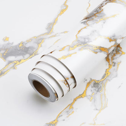 LACHEERY Contact Paper Peel and Stick Countertops Waterproof 12"x317" Gold Grey White Marble Wallpaper Peel and Stick for Bedroom Wall Paper Renter Friendly Countertop Cover Kitchen Cabinets Vinyl