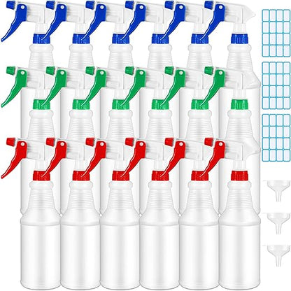 Yinder 18 Pcs 16 Oz Plastic Spray Bottle Bulk Empty Refillable Spray Bottles for Cleaning Solution Leak Proof Water Sprayer with Adjustable Nozzle Mist/Stream Mode(Red, Blue, Green)