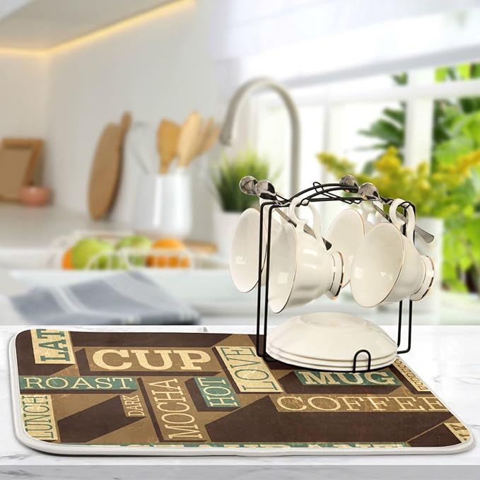 Super Absorbent Dish Drying Mat, Microfiber Fast-Drying Dish Mat, 16" x 18", Kitchen Dish Drying Pad, Coffee Themed Seamless Retro
