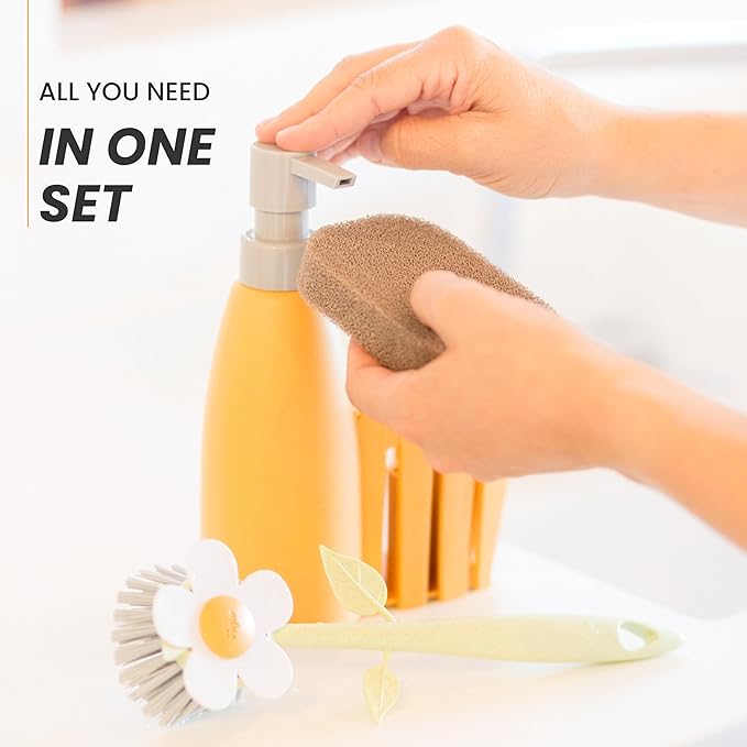 Vigar Florganic Kitchen Soap Dispenser Set, Dish Soap Dispenser with Sponge Caddy and Dish Brush, Daisy-Themed, Perfect Kitchen Sink Caddy, Orange