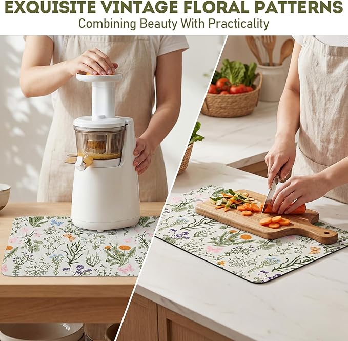 LemonRoad Dish Drying Mat for Kitchen Counter, 12"x20" Absorbent Coffee Bar Mat with Spring Floral Design, Fast-dry Diatomite Drainer Drying Mats with Non-slip Backing for Kitchen Sink Countertop