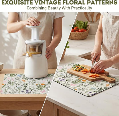 LemonRoad Dish Drying Mat for Kitchen Counter, 12"x20" Absorbent Coffee Bar Mat with Spring Floral Design, Fast-dry Diatomite Drainer Drying Mats with Non-slip Backing for Kitchen Sink Countertop