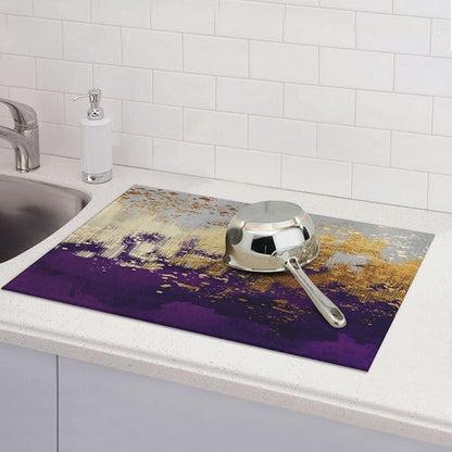 Purple Gold Abstract Art Dish Drying Mat for Kitchen Counter, 18" x 24" Absorbent Microfiber Drying Pad for Dishes, Decorative Kitchen Mat for Sink Area & Coffee Bar, Foldable Reversible Purple Decor