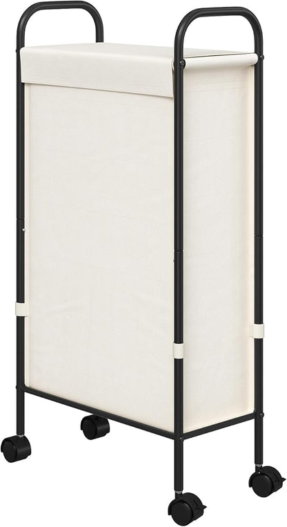 ELYKEN Slim Laundry Hamper with Lid, 50L Small Rolling Laundry Basket on Wheels, 7.9” Narrow Dirty Cloth Cart with Removable Inner Bag for Small Bathroom, Bedroom, Creamy