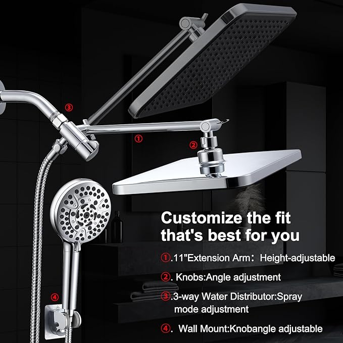 14'' High Pressure Rainfall Shower Head with Handheld-11Modes with Power Jets, Adjustable Rain Showerhead,Double Shower heads design,70"Hose&detachable Holder Upgrade for Tandem Bathroom