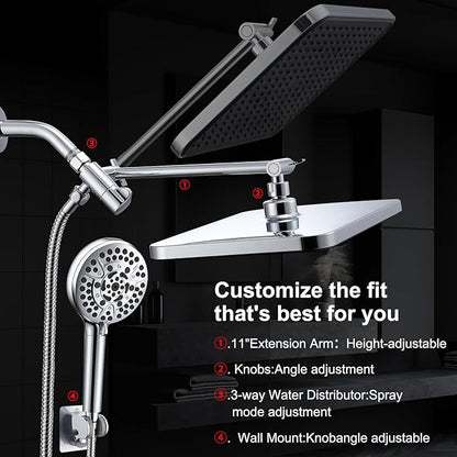 14'' High Pressure Rainfall Shower Head with Handheld-11Modes with Power Jets, Adjustable Rain Showerhead,Double Shower heads design,70"Hose&detachable Holder Upgrade for Tandem Bathroom