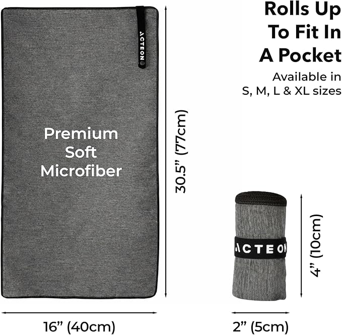 Acteon Microfiber Quick Dry Gym Towel, Silver ION Odor-Free Absorbent Fiber, Fast Drying, Men & Women Workout Gear for Body Sweat, Working Out, Towels Charcoal Grey