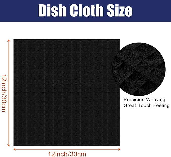 Homaxy Microfiber Waffle Weave Kitchen Dish Cloths, 12 x 12 Inch Ultra Absorbent and Solid Color Dish Towels for Kitchen Fast Drying Dishcloth for Washing Dishes, 12 Pack, Black