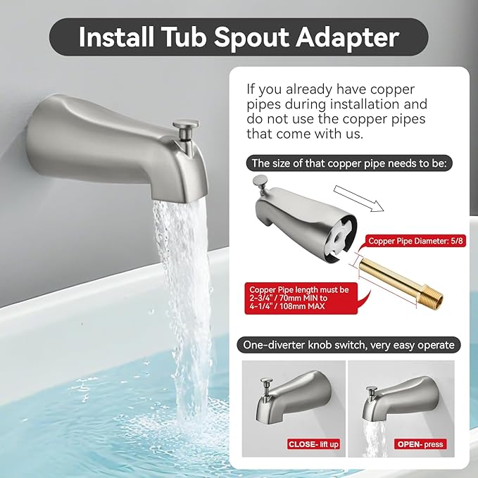 2 Handle Shower Faucet Set with Tub Spout 6-Spray Shower Head and Handle Set Shower Trim Kit with Rough-in Valve Bathroom Shower Faucet Valve Trim Kit Brushed Nickel