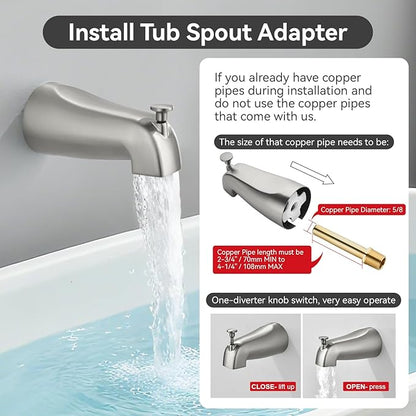 2 Handle Shower Faucet Set with Tub Spout 6-Spray Shower Head and Handle Set Shower Trim Kit with Rough-in Valve Bathroom Shower Faucet Valve Trim Kit Brushed Nickel