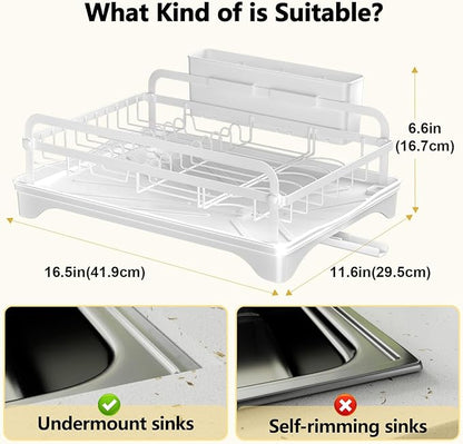 LIYI Dish Drying Rack for Kitchen Counter - Kitchen Dish Rack with Drainboard, Small Dish Drainer with Utensil Holder for Sink, 16.5" D x 11.6" W x 6.6" H, White