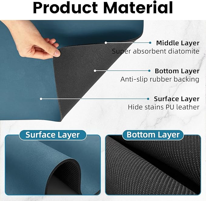 PoYang 31.5"x17" Coffee Mat X-Large, Coffee Bar Accessories for Countertop, Absorbent Dish Drying Mat, Anti-Slip and Hide Stain Pad for Espresso Machine, Espresso Maker and Kitchen Counter, Blue
