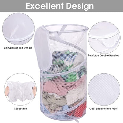 BATTOO Collapsible Laundry Basket with Lid Foldable Mesh Pop Up Hamper with Handles for Laundry Room, Bathroom, Kids Room, College Dorm, Travel, Storage Organizer White