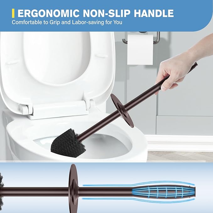 UPTRONIC Toilet Brush, Aluminum Alloy Toilet Brush and Holder Set with Long Handle Durable Bristles Toilet Bowl Brush and Covered Holder for Toilet Scrubber for Bathroom Cleaning (1, Brown)