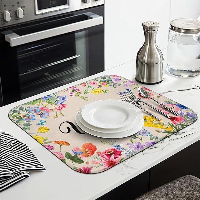 Dish Drying Mat Drainer Pads - Extra Large Microfiber Drying Mats for Dishes Spring Summer Flower Kitchen Counter Super Absorbent Pads for Draining Racks (16"x18" )