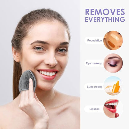 SUNLAND Reusable Makeup Remover Pads for Face,Eye,Lips 32 Pack Microfiber Face Cleansing Gloves Washable with Laundry Bag and Travel Bag Rounds Toner Pads（Round 3.15inchx32,Dark Grey）