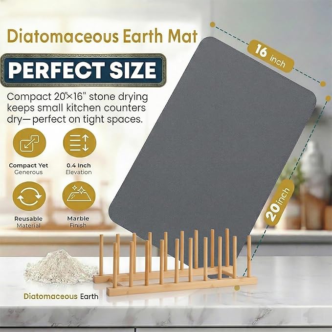 Stone Drying Mat for Kitchen Counter with Bamboo Rack&5 Wooden Feet ,20"×16" Natural Diatomaceous Earth Dish Drying Stone , Fast Absorbing, Minimalist Design for Modern Kitchens