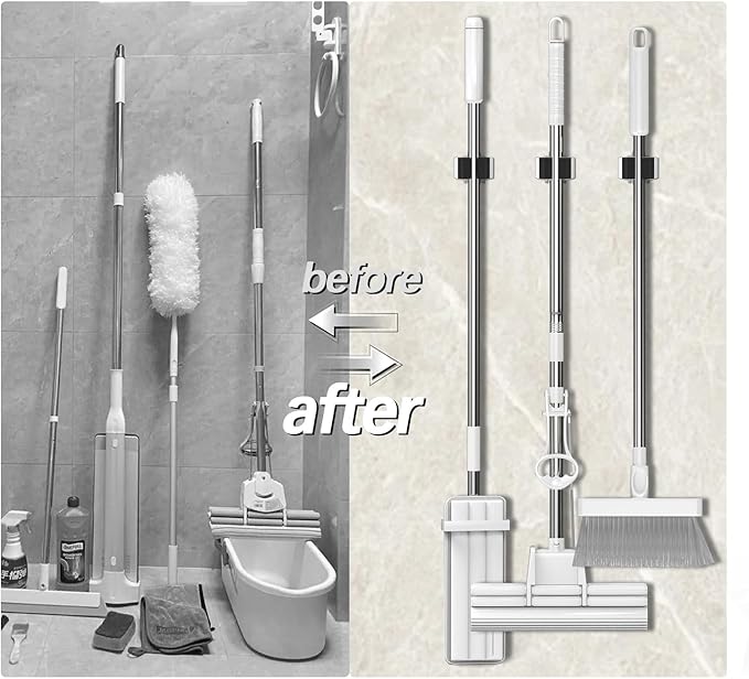 3-H Broom Hanger,Mop and Broom Holder Wall Mount 8pc for Hanging and Organizing Shovel,Rake,Brush,Yard Tools in Kitchen,Laundry Room,Bathroom,House