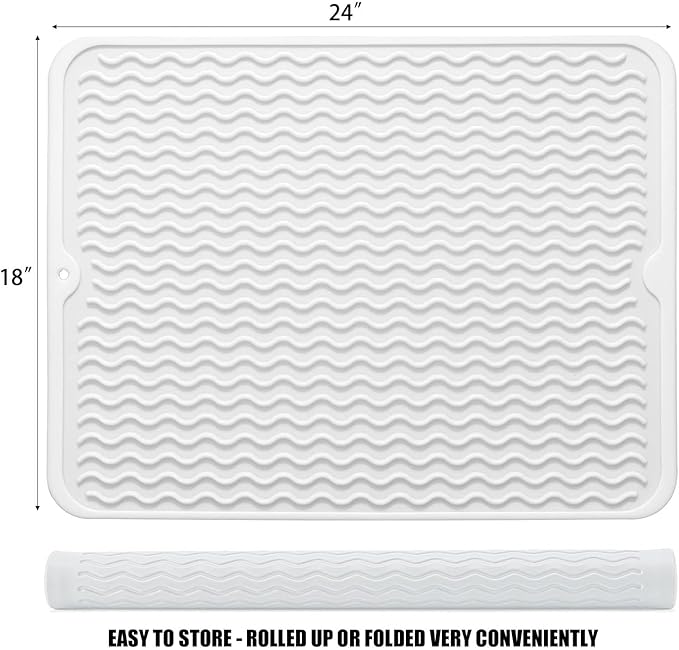 Large 24" x 18" Silicone Dish Drying Mat for Kitchen Counter, Easy clean, Quick Dry, Heat-resistant Dish Drainer Mat for Sink,Refrigerator or Drawer liner (Food Grade Silicone-White)