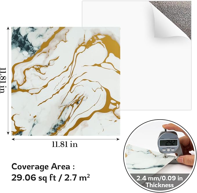Marble-Effect Peel and Stick Backsplash, 30 Sheets PVC Wall Panels, Self-Adhesive Waterproof for Kitchen, Bathroom, 11.8" x 11.8"