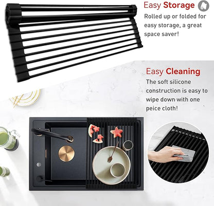 MERRYBOX 20.5" x 13" Roll Up Dish Drying Rack Silicone Wrapped Over The Sink Dish Drying Rack Multipurpose Foldable Sink Drying Mat, Heat-Resistant & Anti-Rust Dish Rack for Kitchen Sink, Large, Black