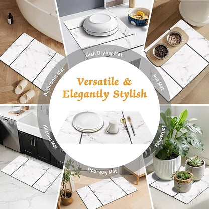 Stone Dish Drying Mat for Kitchen Counter, 24''×15'' Dishes Drying Matt Kitchen Counter, Absorbent Diatomaceous Earth Bath Quick Dry Mats for Tableware, Bottles and Cup (White Marble)