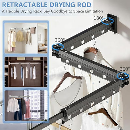 Clothes Drying Rack, Upgrade 3-Fold Wall Mounted Drying Rack Clothing, Laundry Space Saver Retractable Collapsible for Indoor Outdoor Balcony,Laundry,Bathroom, Grey