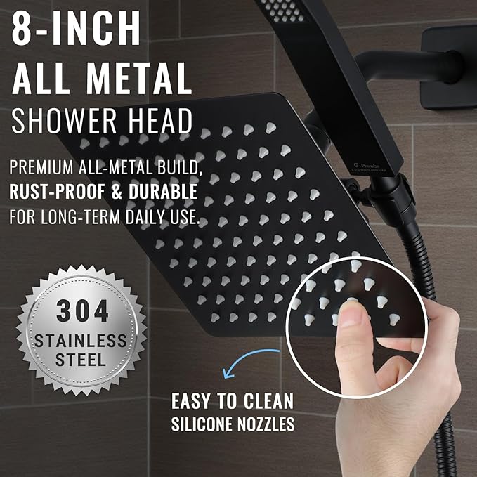All Metal Shower Faucet Set, Dual Square Shower Head System with Handheld Wand, Diverter, Hose Complete Combo, Pressure Balance Rough-in Valve Included (Matte Black)