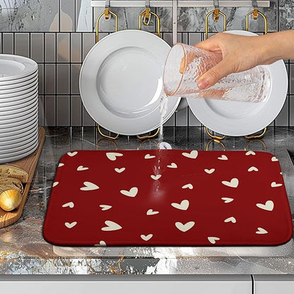 Valentine's Day Love Heart Dish Drying Mat for Kitchen Counter 16x18 Inch Valentine Theme Dish Mats Absorbent Microfiber Dish Draining Mat Reusable Washable Dish Drainer Rack Pad