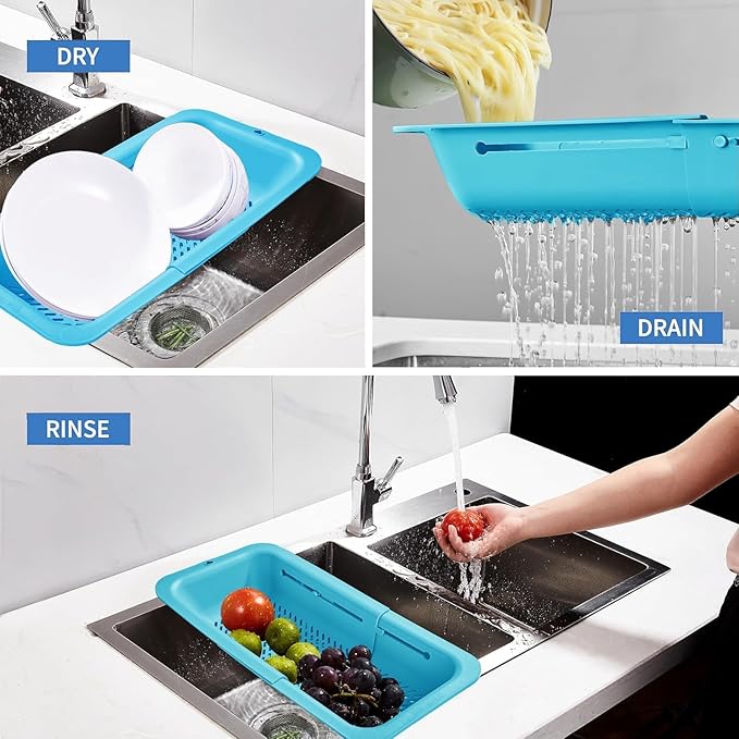 LASSHSWA Collapsible Colander for Kitchen, Over the Sink Strainer Basket for Kitchen, Fruit Pasta Food Strainer Expandable Plastic Colander BPA Free (Blue)