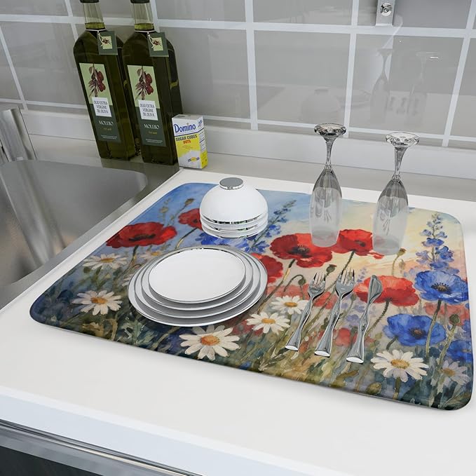4th of July Dish Drying Mat for Kitchen Counter 18x24 Patriotic Floral Independence Day Memorial Holiday Absorbent Reversible Microfiber Drying Mats Kitchen Countertop Protector Dishes Drainer Pad