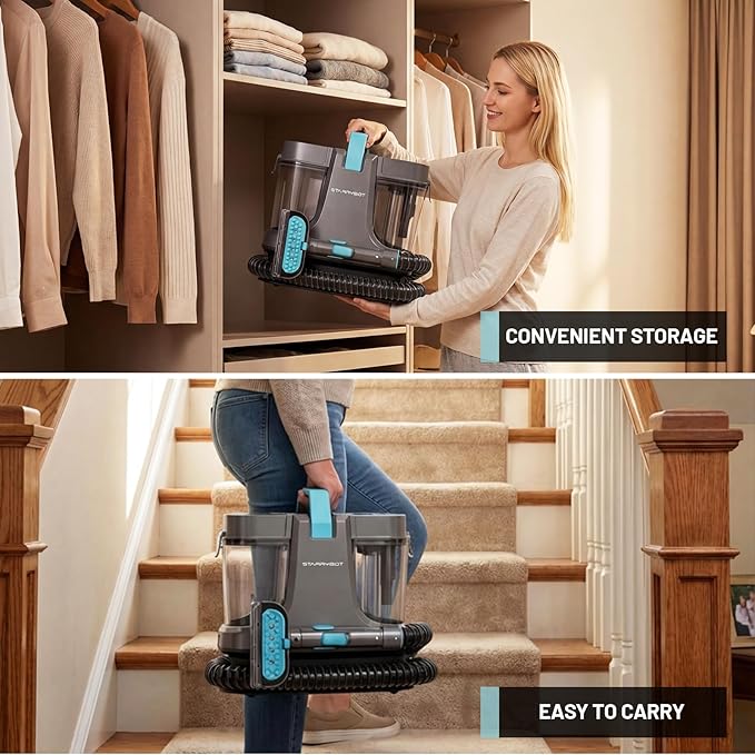 Starrybot Portable Carpet Cleaner Machine with Steam and Heating Techology,18Kpa Powerful Suction with Versatile Tools for Pets, Couch,Spot Cleaner for Stairs/Furniture/Rug(Gray)(AC0201)