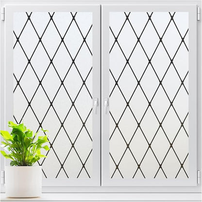 LUTE Frosted Window Privacy Film, Static Cling UV Sun Blocking Heat Control Window Cover, Removable Non-Adhesive Glass Sticker Vinyl Decorative Bathroom Frosting Decals, Black Lattice, 17.5" x 157.4"