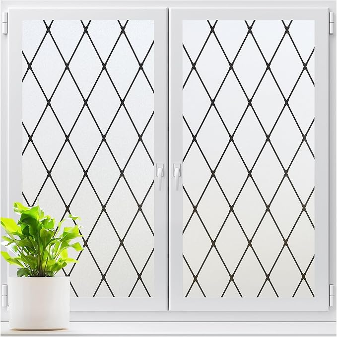 LUTE Frosted Window Privacy Film, Static Cling UV Sun Blocking Heat Control Window Cover, Removable Non-Adhesive Glass Sticker Vinyl Decorative Bathroom Frosting Decals, Black Lattice, 35.4" x 118.1"