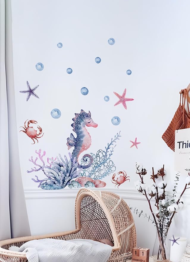 Alwayspon Sea Horse Wall Decals Vinyl Removable Wall Murals Peel and Stick Self Adhesive House Wall Sticker Decor for Bedroom Living Room Nursery