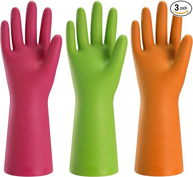 Bamllum 3 Pairs Rubber Cleaning Gloves for Household - Reusable Dishwashing Gloves for Kitchen, Flexible Long-lasting & Waterproof (Large, Green+Red+Orange)