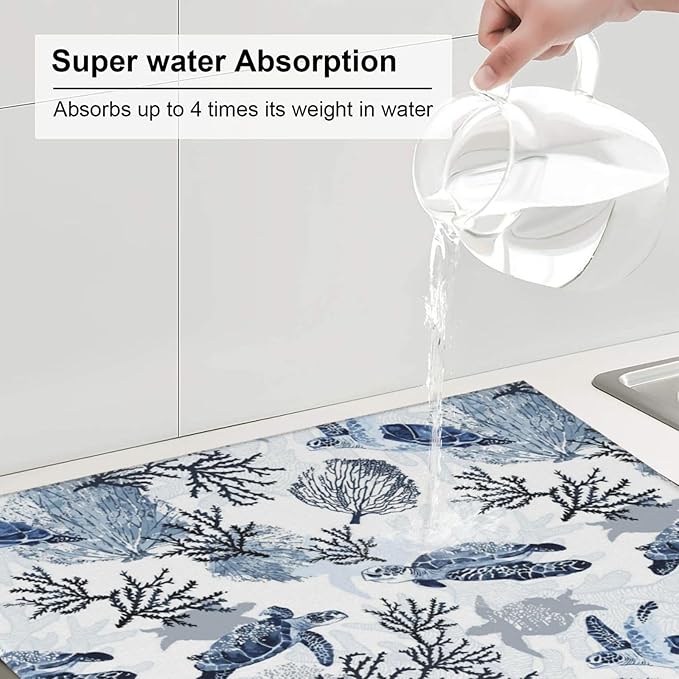Nautical Blue White Sea Turtle & Coral Dish Drying Mats for Kitchen Counter 16 x 18 Inch, Decorative Navy Blue Dishes Pad Dish Drainer Rack Mats, Foldable Microfiber Washable Absorbent, Kitchen Decor