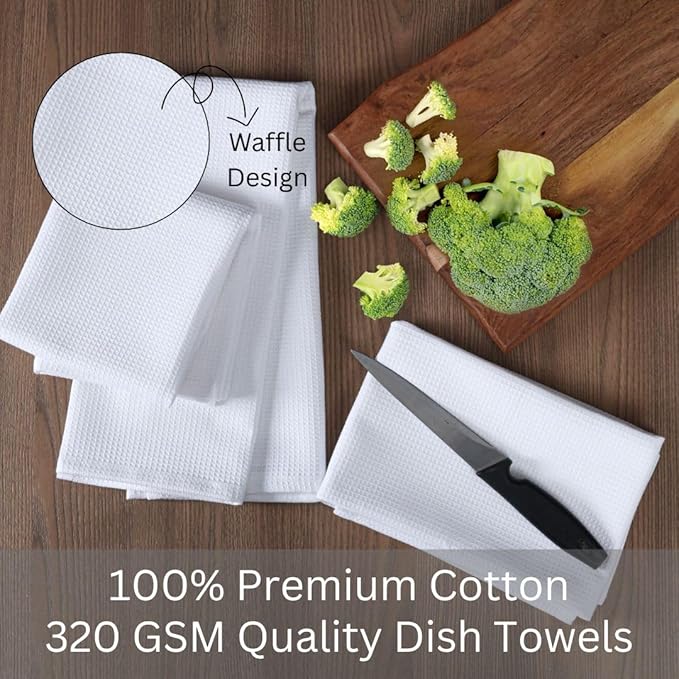 Waffle Kitchen Towels 100% Cotton Set of 6 - Heavy Duty 320 GSM Quality Dish Cloths - Soft Absorbent Washable for Kitchen Use - Quick Drying Dish Towel 16x26 inch White