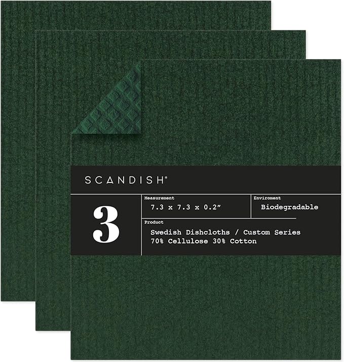 Forest Green Swedish Dishcloths for Kitchen - Set of 3 Reusable, Compostable Dishcloths