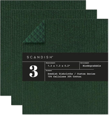 Forest Green Swedish Dishcloths for Kitchen - Set of 3 Reusable, Compostable Dishcloths