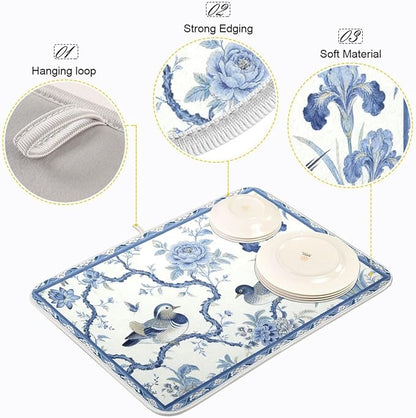 Microfiber Dish Drying Mat Cute Birds Absorbent Baby Bottle Dry Pad 18 x 24, Grey, Coffee Maker Mats Heat Resistant Mats Dishes Drainer Cushion Spring Kitchen Counter Decor