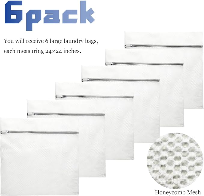 6 XX-Large Honeycomb Mesh Laundry Bag for Washing Machine - 24 X 24inch Large Lingerie Bags for Delicates, Durable Garment Bag for Sweater, Sheets, Blankets, Jeans [ 6 Pack ]