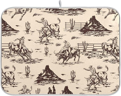 West Cactus Cowboy Dish Drying Mat for Kitchen Counter Absorbent Microfiber Drying Pad, Large 18x24 in, Reversible Drainer Mats
