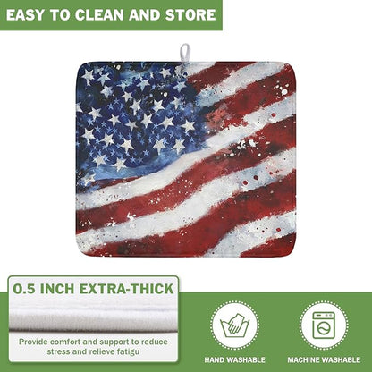 4th of July Dish Drying Mat 18x16 Inch, Patriotic Drying Mat with Absorbent Reversible Microfiber, Independence Day Dish Drainer Mats Memorial Day Rack Pad for Coffee Countertop Kitchen Protector